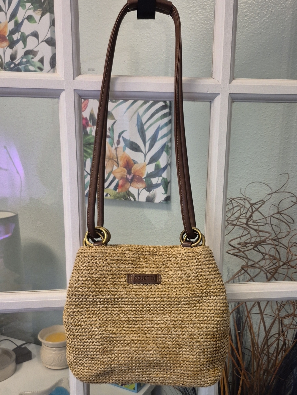 Rosetti Straw Shoulder Bag with Brown Straps and Gold Hardware